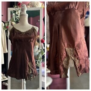 Vintage Y2K 2000s Satin Cami Tank Top Brown Fairy Minimalist Lace Slinky M/L